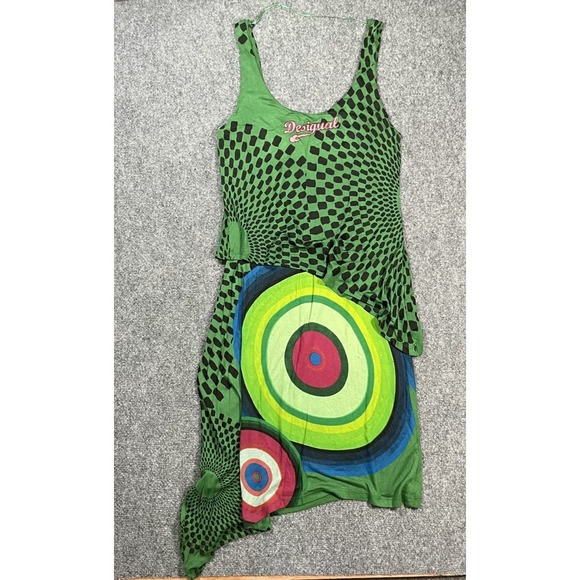 Desigual Tank Dress Size Large Assymetrical Hem Beaded Checkered Print Colorful - Picture 3 of 11